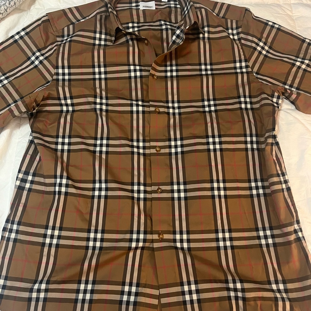 Burberry Tan and Black Plaid Button Down Shirt